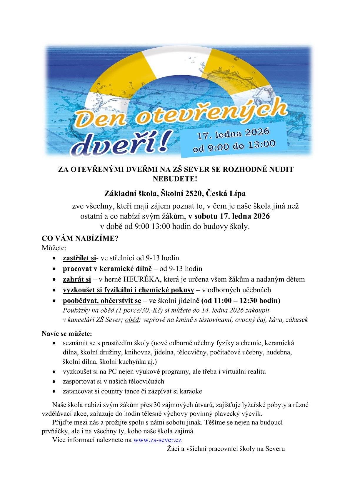 Vážení příznivci kultury, týden se s týdnem sešel, a proto je ten správný čas na tipy na kulturní akce v České Lípě na následující dny.   sobota 17. 1.  Den otevřených dveří ZŠ Sever přijďte se podívat na základní školu Sever a zjistěte, co vše škola nabízí svým žákům, od 9 do 13 hodin je pro návštěvníky připravený bohatý program, a to včetně např. práce v keramické dílně Historie finanční stráže se zaměřením na Českolipsko Vlastivědný spolek Českolipska zve na přednášku Jaroslava Beneše o dnes téměř zapomenutém sboru finanční stráže, přednáška začíná ve 14:00 v klubovně vlastivědného muzea neděle 18.1. O perníkovém srdci a čarodějné knize  Jiráskovo divadlo opět otevírá brány nejmenším divákům a zve je na tradiční nedělní pohádku, začíná se v 15:00, vstupné je 120 Kč a už zbývají poslední vstupenky  pondělí 19.1. Listování.cz: Historky all inclusive hrané čtení z knihy Historky all inclusive Lucie Macháčkové se uskuteční v přísálí Jiráskova divadla od 20:00, vstupné je 180 Kč  úterý 20.1.  Pacifická Hřebenovka v rámci tradiční přednášky v městské knihovně na náměstí T.G.M. bude Pavel Tichý vyprávět o svém pěším putování po USA, začíná se tradičně v 17:00 KINO CRYSTAL 15.1.Čt – 16.1.Pá – vždy v 15.30 RUFUS: MOŘSKÝ DRÁČEK, KTERÝ NEUMĚL PLAVAT /82 min./od 150,-/česky/příst./ VB, Norsko. Na malém ostrově, který nelze najít nikde na mapě, si mořští draci užívají šťastného a bezstarostného života. Bojí se jen jedné věci – aby je neobjevili lidé. Naštěstí mají strýce Ludvíka s čínskou dračí krví v žilách, který dokáže vypustit páru a zahalit ostrov mlhou vždy, když se na obzoru objeví nějaká loď. Jedním z obyvatel ostrova je i mořský dráček Rufus, který má velkou smůlu – neumí totiž plavat... 15.1.Čt – 16.1.Pá – vždy v 17.30 DREAM TEAM /127 min./od 160,-/česky/příst.12+/ ČR. Když chce svérázný basketbalový trenér Marek (Martin Hofmann) synovi splnit životní sen, udělá cokoliv. Ale když je tím snem basketbalová reprezentace a účast na paralympiádě v Riu, dost se při tom zapotíte. Zejména, když vám pošahaný soused (Jakub Prachař) vnutí naprosto šílený plán... 15.1.Čt – 16.1.Pá – vždy ve 20.00 28 LET POTÉ: CHRÁM Z KOSTÍ /110 min./od 150,-/titulky/příst.15+/ USA. Americká režisérka Nia DaCosta stojí za režii filmu 28 let poté: Chrám z kostí, který rozšiřuje hororový svět vytvořený Danny Boylem a Alexem Garlandem ve filmu 28 let poté. V pokračování tohoto epického příběhu se Dr. Kelson (Ralph Fiennes) ocitá v šokujícím novém vztahu, jehož důsledky mohou změnit svět – setkání se Spikeem (Alfie Williams) a s Jimmym Crystalem (Jack O’Connell) se stává pro něho noční můrou, ze které nemůže uniknout. Infikovaní totiž nepředstavují největší hrozbu pro přežití – nelidskost přeživších může být ještě podivnější a děsivější... 17.1.So – 18.1.Ne – vždy v 15.00 SPONGEBOB VE FILMU: PIRÁTSKÉ DOBRODRUŽSTVÍ /103 min./od 150,-/česky/příst./ USA. SpongeBob už nechce být jen malá hranatá houba v kalhotách. Chce dokázat světu, že je velký kluk. A tak přijme pozvání legendárního bukanýra Bludného Holanďana na pořádné pirátské, a hlavně filmové dobrodružství... 17.1.So – 18.1.Ne – vždy v 17.00 /Ne – ve 2D/ AVATAR: OHEŇ A POPEL 3D HFR /197 min./od 190,-/česky/příst.12+/ USA. S filmem „Avatar: Oheň a popel“ James Cameron vrací diváky zpět na Pandoru v novém strhujícím dobrodružství s mariňákem Jakeem Sullym (Sam Worthington), který se stal vůdcem Na’vi, válečnicí Na’vi Neytiri (Zoe Saldaña) a Sullyho rodinou... 17.1.So – 18.1.Ne – vždy ve 20.30 POMOCNICE /131 min./od 160,-/titulky/příst.15+/ USA. Když Millie (Sydney Sweeney) získá práci v domě Winchesterových, nemůže uvěřit, že se na ni konečně usmálo št