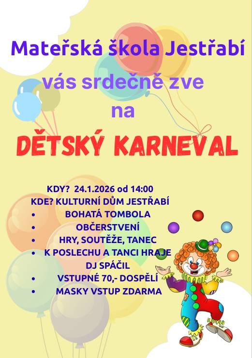 Mateřská škola Jestřabí srdečně zve na dětský karneval