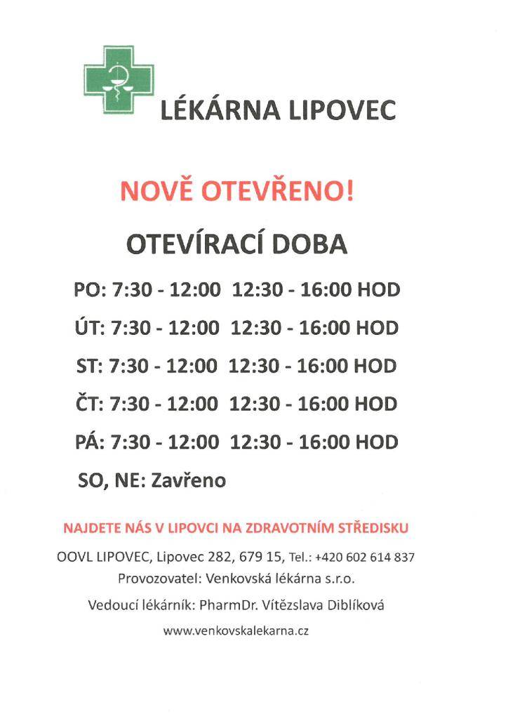 Lékárna Lipovec - nově otevřeno!