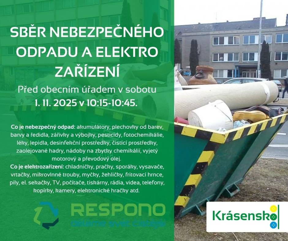 Sběr nebezpečného odpadu a elektrozařízení proběhne 1.11. od 10:15 do 10:45 před obecním úřadem