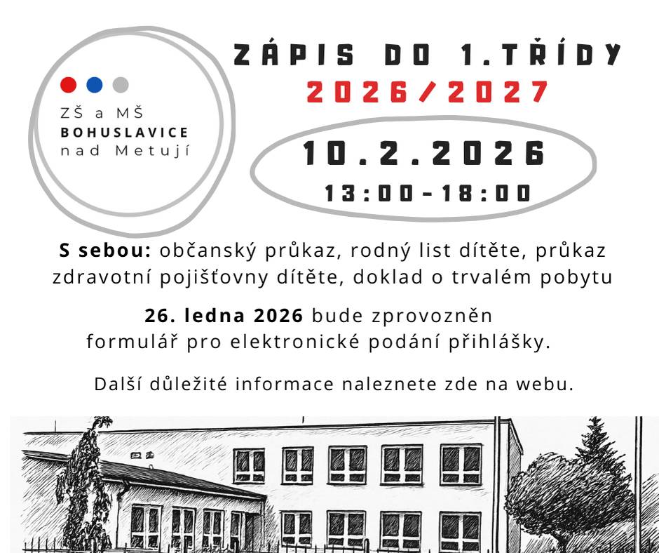 Milí rodiče, zveme vás k zápisu do první třídy pro školní rok 2026/2027. Těšíme se na vás!