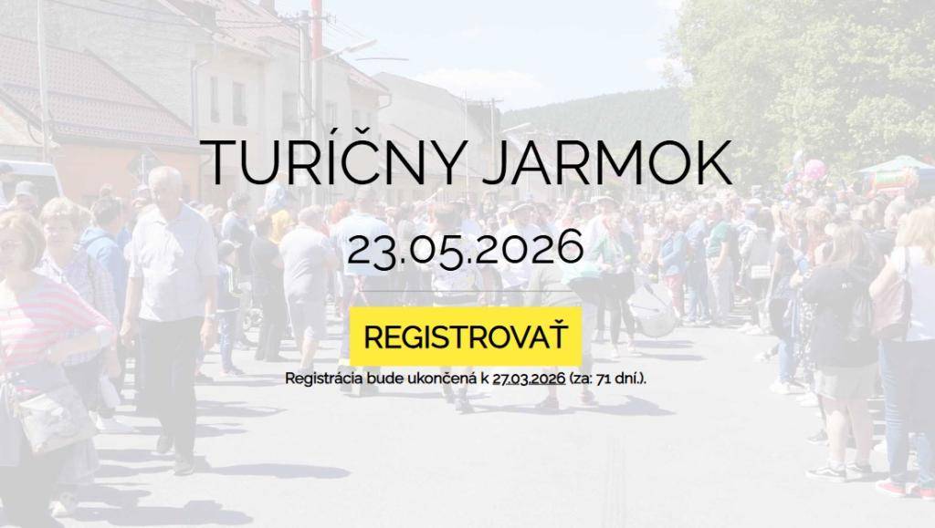 Registrácia na TURÍČNY JARMOK je spustená: https://jarmok.slovenskalupca.sk/ Registrovať sa môžete do 27.3.2026. Všetky kontakty, informácie nájdete na spomenutom webe.hr ukázať príspevok na a href="https://www.facebook.com/576136354517748/posts/1462464005884974"b style="color: blue;"Facebook Obec Slovenská Ľupča/b/a img src="https://data.slovenskalupca.sk/_pocitadlo_titulka.php?id=fc00fef552319a9179e365c6f4444af5"