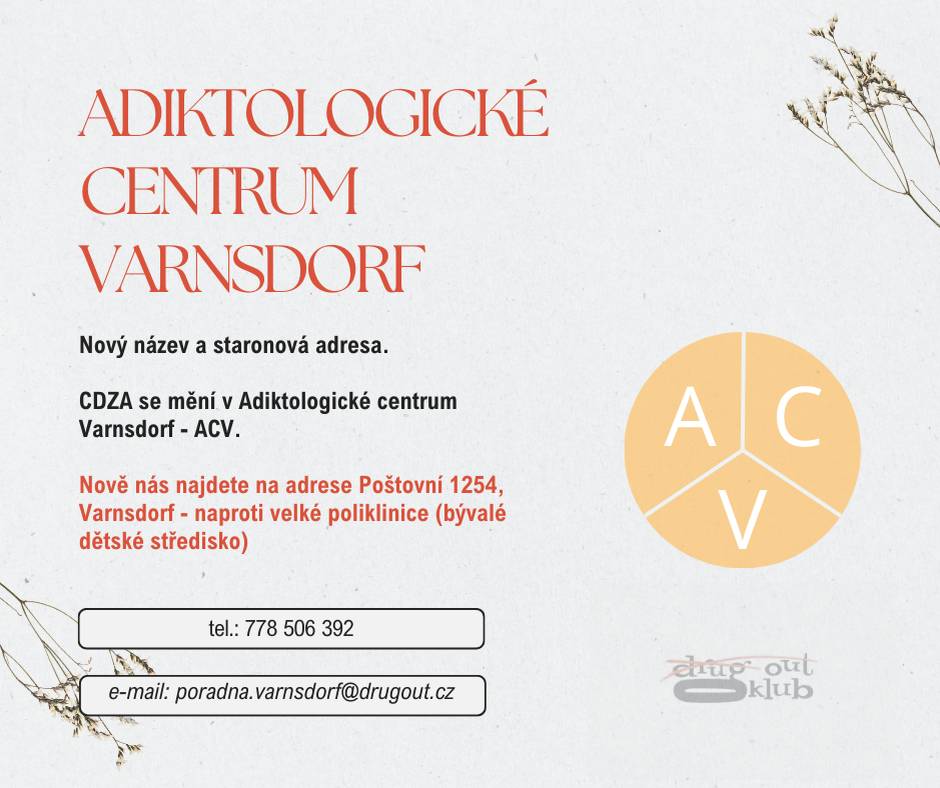 Od ledna 2026 nese naše služba název Adiktologické centrum Varnsdorf (ACV). Sídlíme na adrese Poštovní 1254, Varnsdorf.   I nadále spolupracujeme s adiktologickými klienty od 10 let věku i s jejich rodinnými příslušníky.   Přejeme hezký den, tým Adiktologického centra Varnsdorf
