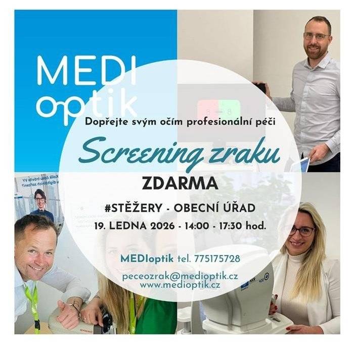 Den screeningu zraku pro občany – zdarma měření zraku v naší obci! Zveme všechny občany na bezplatné vyšetření zraku s odbornou konzultací, které proběhne 19.1.2026 od 14:00- 17:30 na Obecním úřadě – zasedací místnost.   Vyšetření provede zkušený optometrista z MediOptik Hradec Králové pomocí moderního přístrojového vybavení. Na místě budete mít možnost nejen zjistit stav svého zraku, ale také si vybrat z mnoha brýlových obrub za výhodné ceny. Kompletní brýle nabízíme již od 1 900 Kč, multifokální skla od 5 000 Kč. Vybrané brýle pak dovezeme hotové opět k Vám do obce cca za 14 dní..   Služba je zcela bez závazků k nákupu – přijít může kdokoli, kdo si chce ověřit, že jeho oči fungují tak, jak mají.