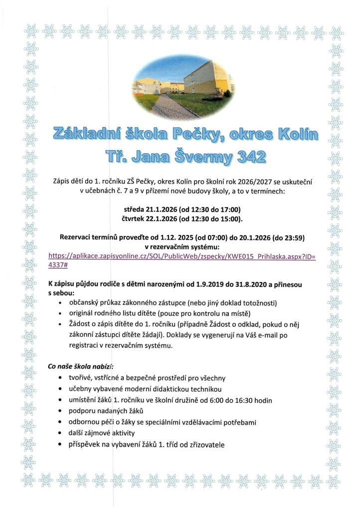 Zápis do ZŠ Pečky pro školní rok 2026/2027