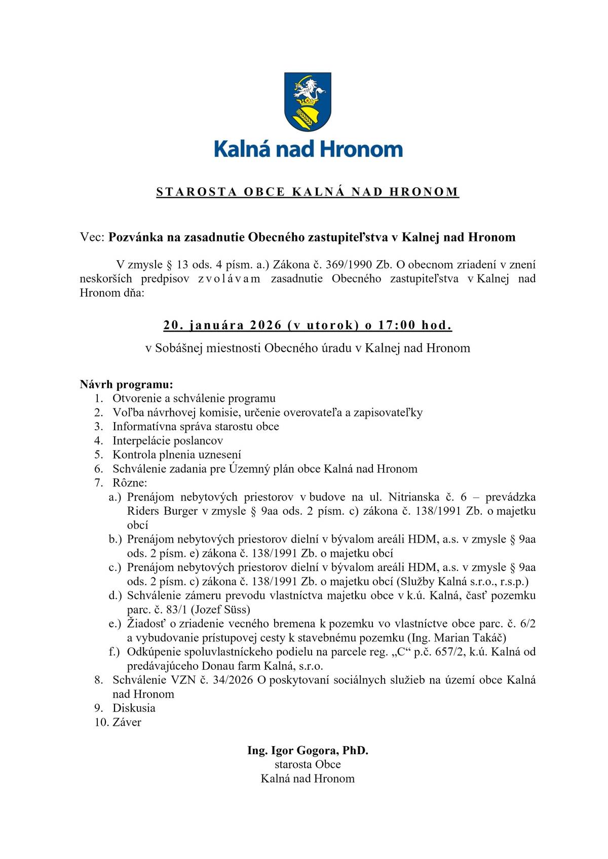 Pozvánka na zasadnutie Obecného zastupiteľstva v Kalnej nad Hronom