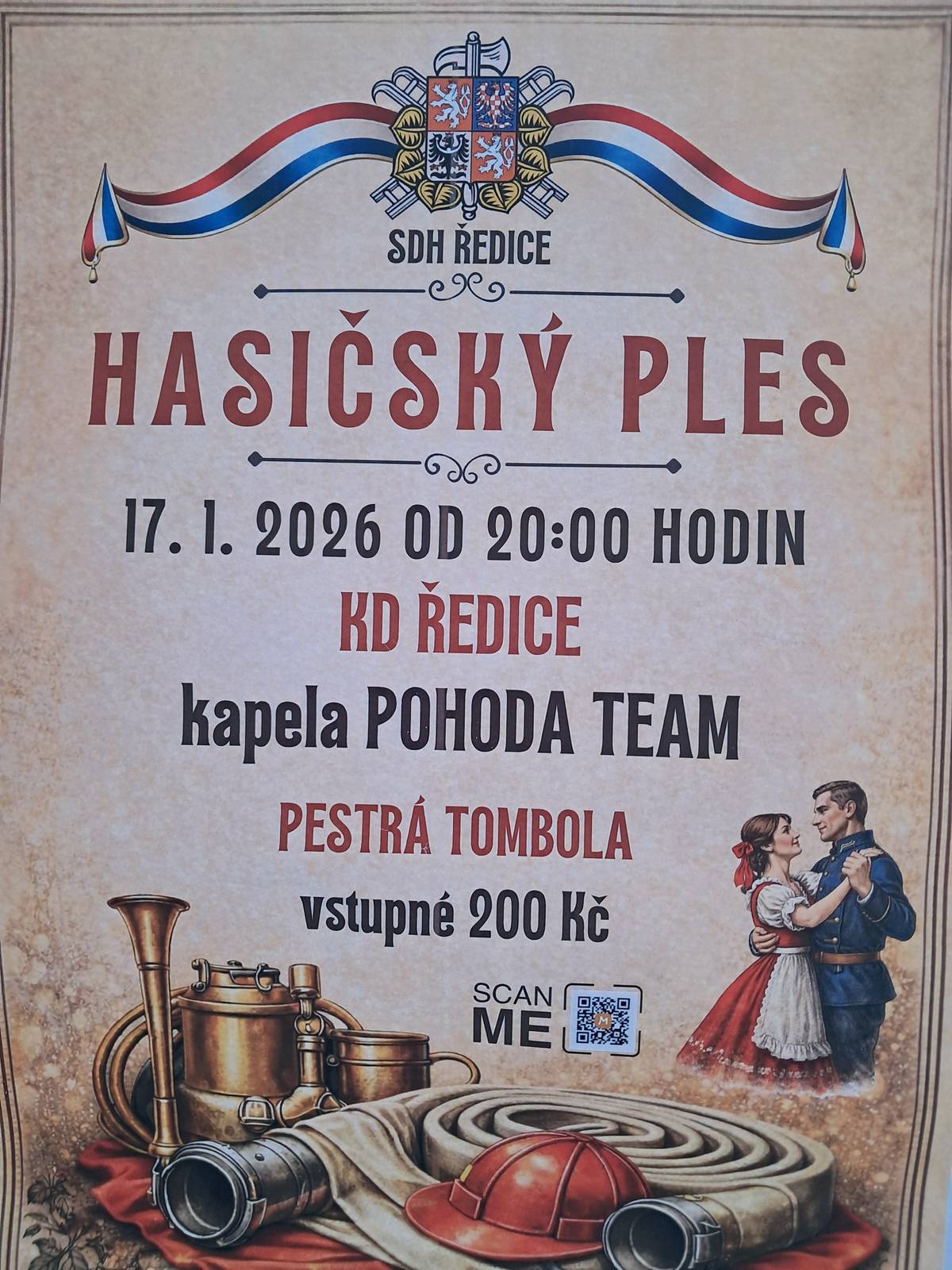 Tak tu máme druhý ples v obci, tentokrát v KD Ředice. Přijďte podpořit místní hasiče a užít si atmosféru vesnického plesu se vším co k tomu patří. (Dne 17.1.2026 od 20:00 hod).