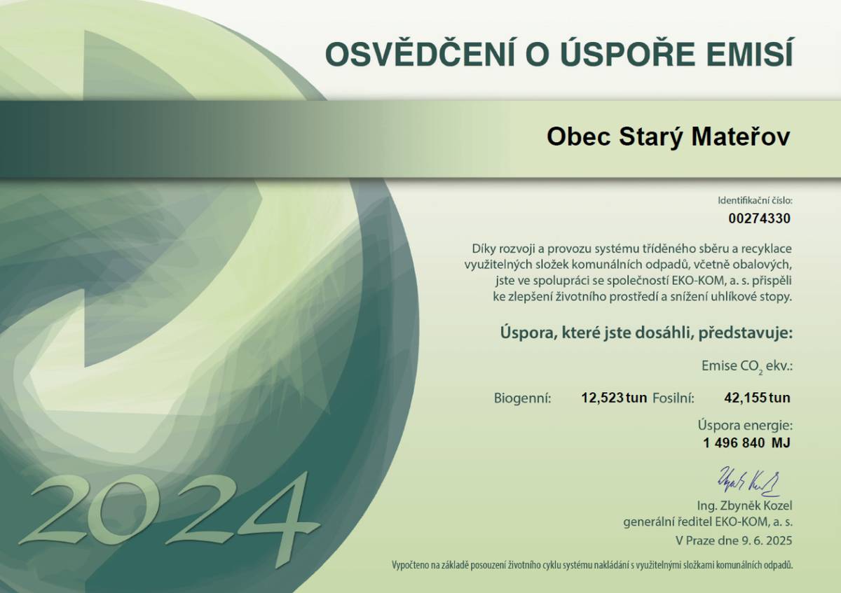 roce 2024 bylo díky recyklaci a využití papíru, plastů, skla, kovů, nápojových kartonů a dalších komodit v rámci tříděného sběru a využití odpadů v systému EKO-KOM uspořeno 28,1 mil. GJ energie, tedy zhruba tolik, kolik v průměru spotřebuje za rok více než 452 tisíc domácností.