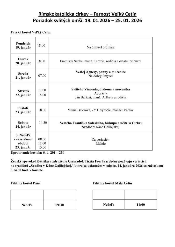 Poriadok svätých omší: 19.1.2026 - 25. 1. 2026