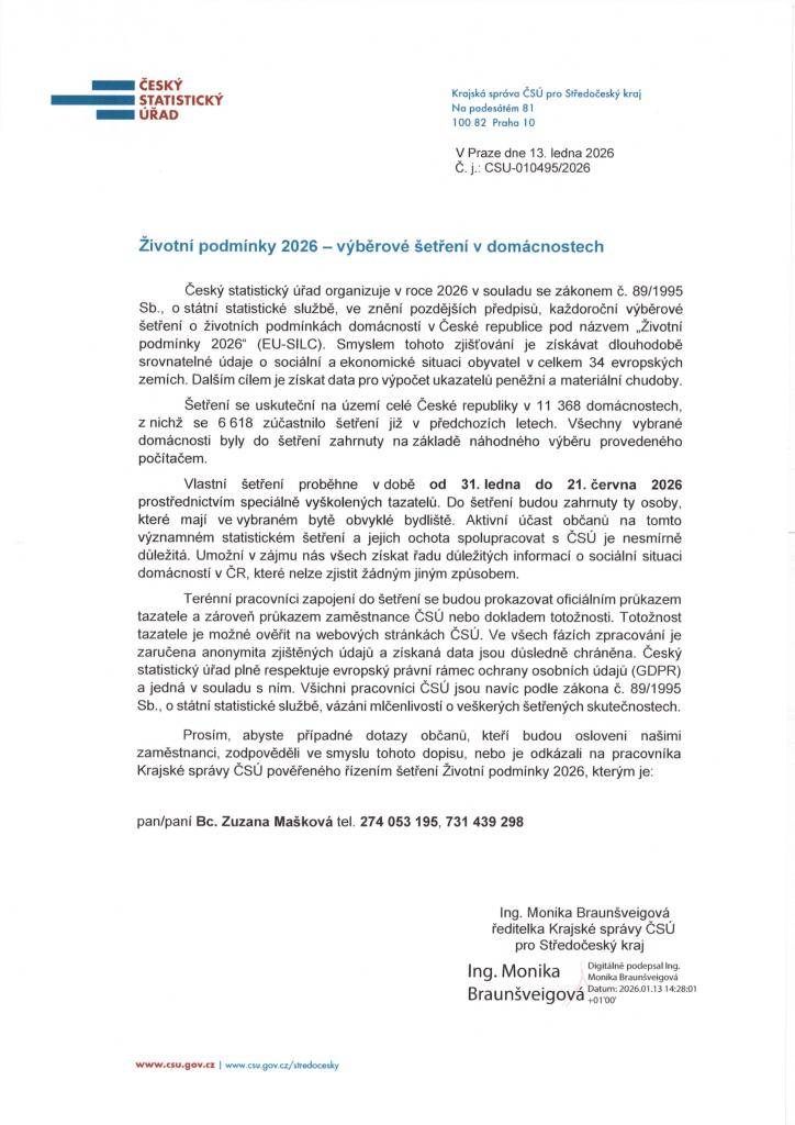 Životní podmínky 2026 - výběrové šetření v domácnostech