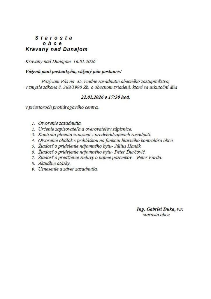 Pozvánka na 35. zasadnutie OZ