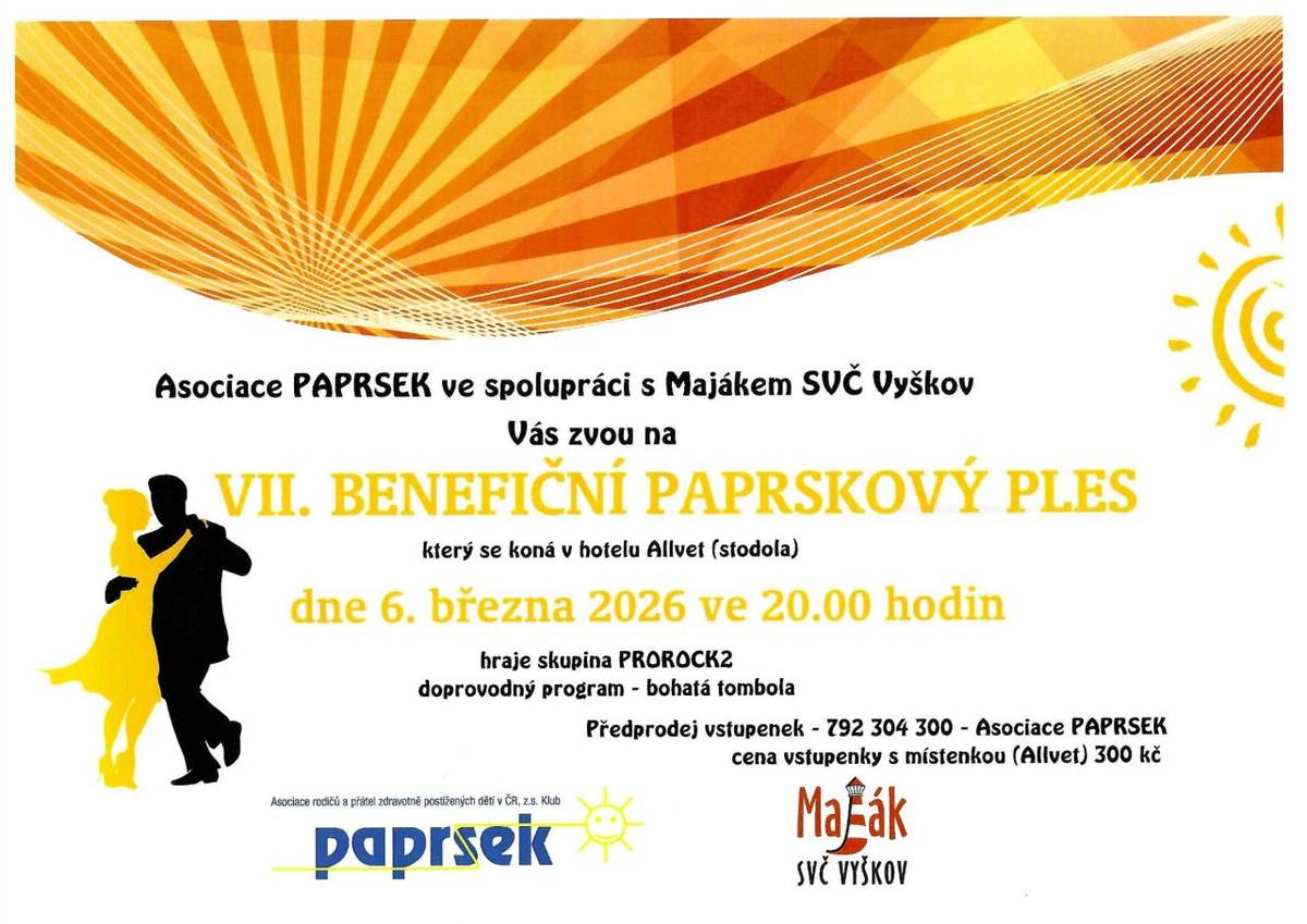 Asociace Paprsek ve spolupráci s Majákem SVČ Vyškov zvou na Benefiční Paprskový ples, který se koná v hotelu Allvet.