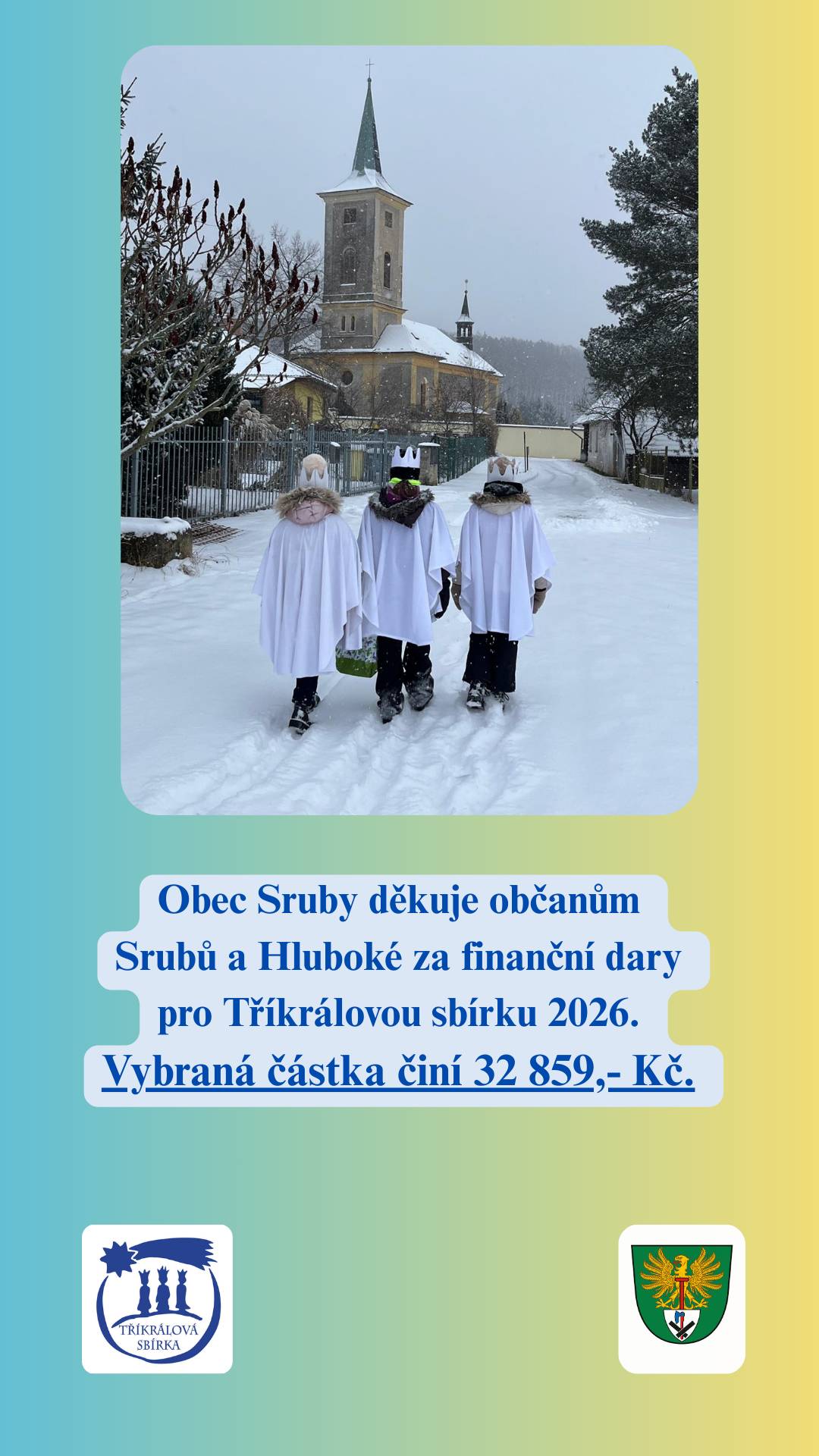 Děkujeme občanům za jejich finanční dary pro Tříkrálovou sbírku uskutečněnou v obci Sruby a Hluboká 10.01.2026.