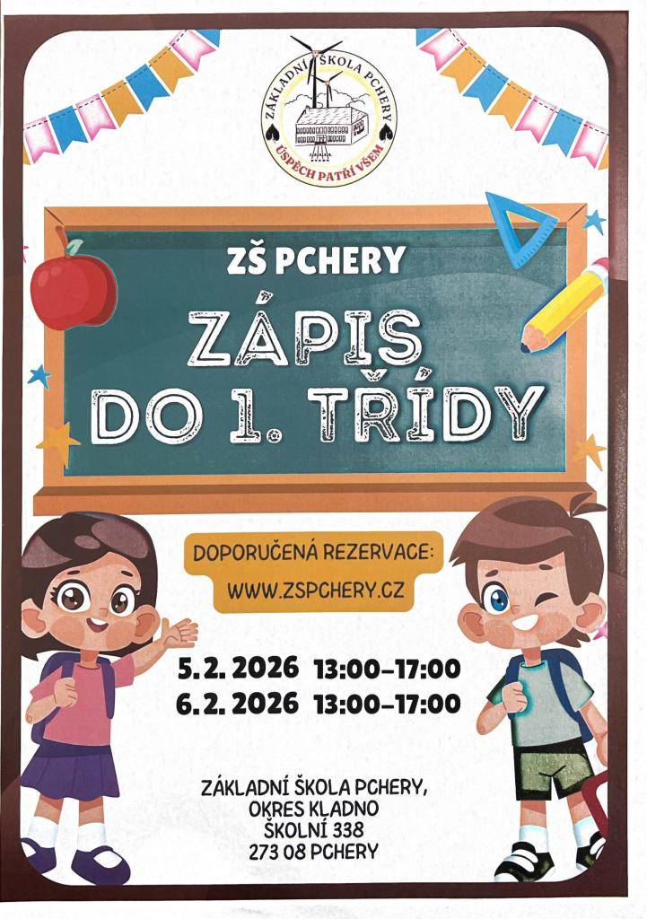 Zápis do 1. třídy ZŠ Pchery se uskuteční 5. a 6. února 2026, vždy od 13:00 do 17:00. Doporučujeme rezervaci termínu zápisu na webových stránkách školy www.zspchery.cz