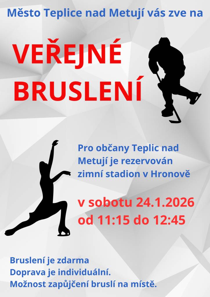Srdečně zveme všechny tepličáky na veřejné bruslení, které se bude konat v sobotu 24. ledna od 11:15 do 12:45 hod. na zimním stadionu v Hronově.