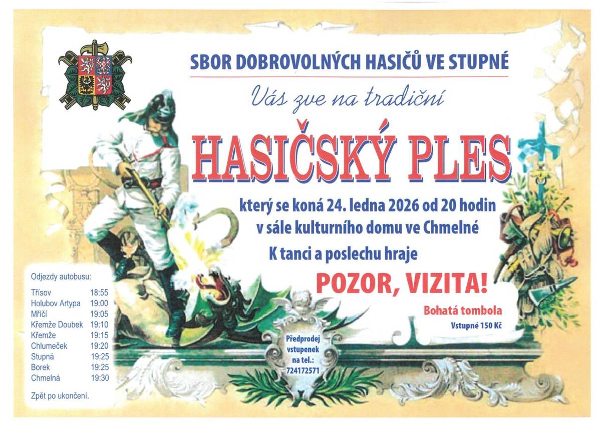 SDH Stupná Vás srdečně zve do Chmelné na hasičský ples.