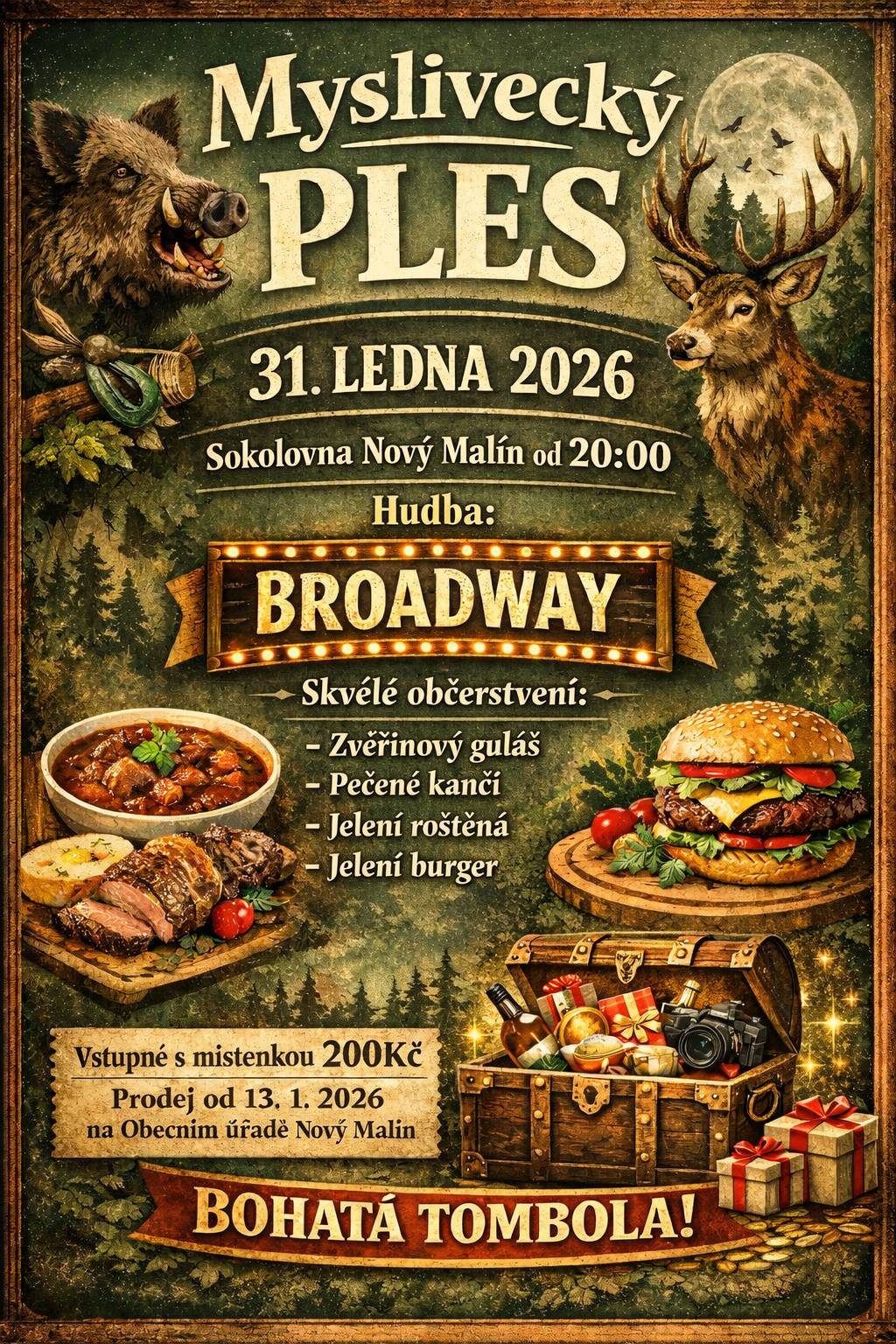 !!! POZOR ZMĚNA !!! Vstupenky s místenkami na Myslivecký ples, který se koná v sobotu 31. ledna v Sokolovně prosím rezervujte přes vohralikova@novymalin.cz nebo 588 880 400. Aktuální obsazenost přiložena v příspěvku. Děkujeme za pochopení.