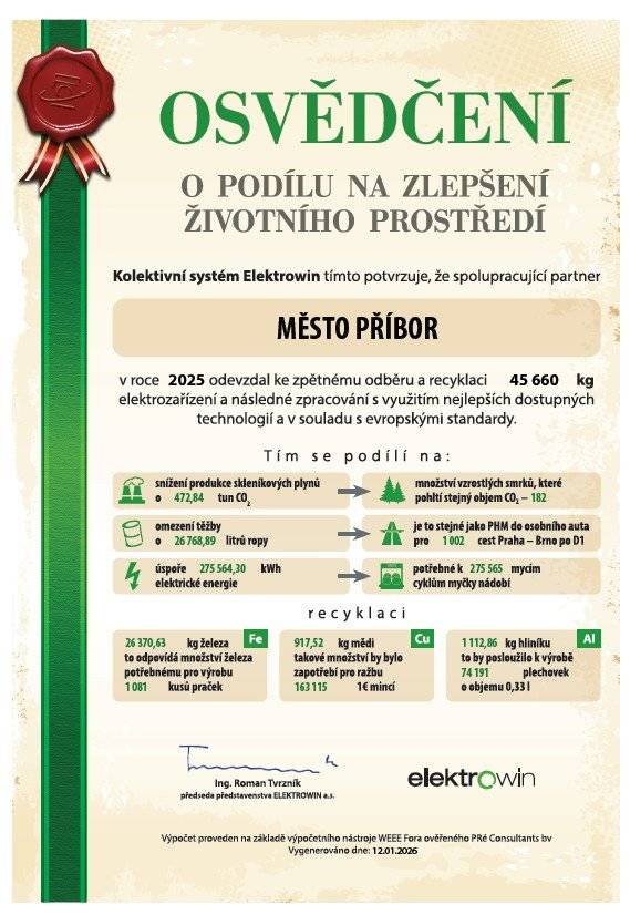 Díky obyvatelům se naše město Příbor může za rok 2025 pochlubit výsledky sběru vysloužilého elektrozařízení předaného ke zpětnému odběru společnosti Elektrowin o celkové hmotnosti 45,66 t. Každý obyvatel tak odevzdal průměrně 5,50 kg spotřebičů. Ušetřili jsme tak spotřebu elektřiny a snížili produkci skleníkových plynů. Nespotřebovali jsme ropu, železnou rudu, měď a hliník, které jsou potřebné pro průmyslovou výrobu. Nahradili jsme je právě recyklací odevzdaných spotřebičů. Konkrétní přínos obyvatel vyčísluje Osvědčení o podílu na zlepšení životního prostředí, které na základě dosažených výsledků vystavil kolektivní systém pro sběr a recyklaci vysloužilých spotřebičů Elektrowin. Vyplývá z něj, že díky našim odpovědným obyvatelům došlo za rok 2025 k úspoře produkce CO2 o 472,84 tun. Tipnete si, kolik smrků pohltí stejné množství CO2? 182 ks! Také nebylo nutné vytěžit a spotřebovat 26 768,89 litrů ropy. Představte si, že z tohoto množství se pokryje spotřeba pohonných hmot auta např. na cestu z Prahy do Brna po dálnici D1 a to 1002 krát. Došlo také k úspoře 275 564,30 kWh energie. Asi stejné množství, jako kdybychom spustili cyklus myčky nádobí 275 565 krát. Z odevzdaného množství spotřebičů se podařilo vrátit do výroby 26 370,63 kg železa. Takové množství recyklovaného železa je možné použít pro výrobu 1 081 ks nových praček, aniž by bylo nutné těžit železnou rudu. Recyklací vysbíraných spotřebičů se také podařilo získat 917,52 kg mědi, což stačí pro ražbu 163 115 1€ mincí, nebo 1 112,86 kg hliníku, který by stačil na výrobu 74 191 plechovek o objemu 0,33 l. Pamatujte! Elektrozařízení obsahuje nejen dále využitelné materiály, ale také škodlivé látky. Odhozením do popelnice se elektrozařízení nedostanou k recyklaci, ale skončí nevyužité na skládce. Odevzdávejte spotřebiče na sběrný dvůr, nebo poslednímu prodejci při zakoupení nového!