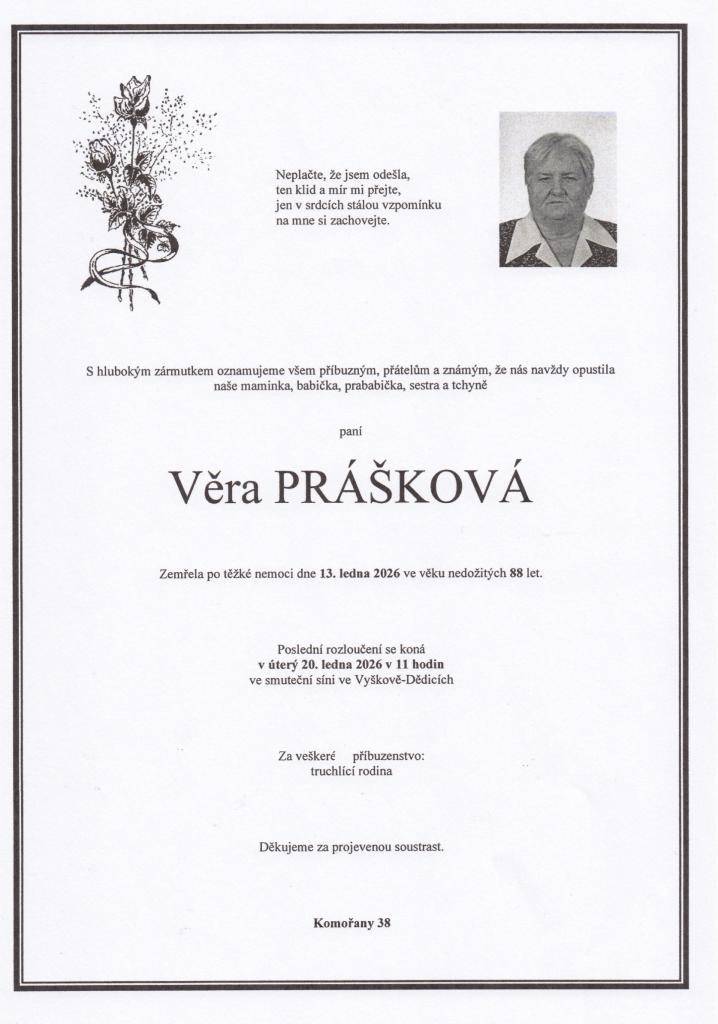zemřela 13. ledna 2026 ve věku nedožitých 88 let