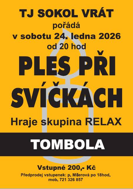 TJ Sokol Vrát pořádá 24. ledna 2026 PLES PŘI SVÍČKÁCH.