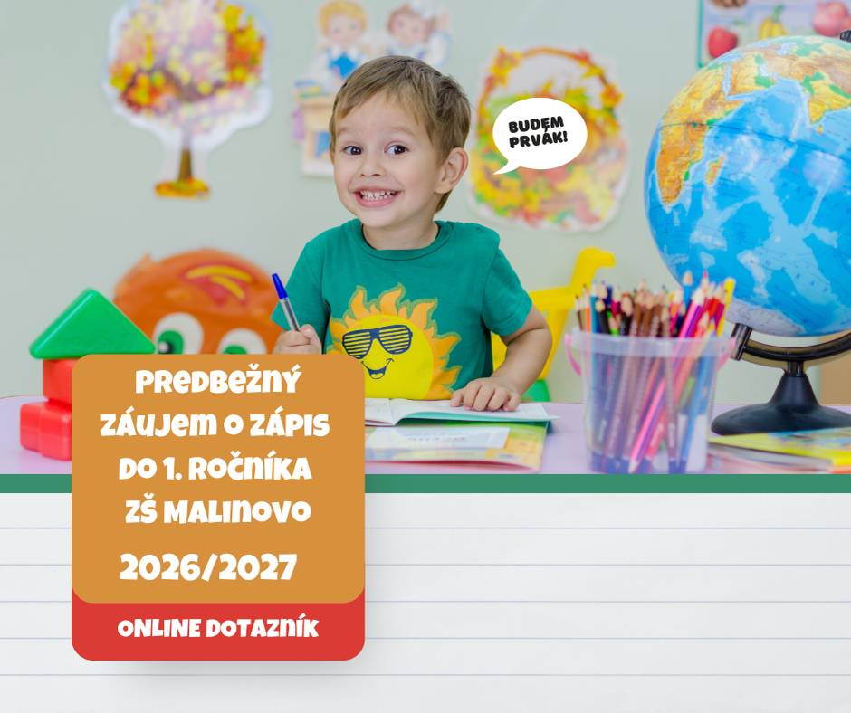 Chystá sa vaše dieťa v roku 2026 do školy? Pomôžte nám lepšie naplánovať kapacity našej základnej školy v Malinove! Stačí pár klikov v krátkom dotazníku. Vaša spätná väzba je pre nás nesmierne dôležitá. Predbežný záujem o štúdium v ZŠ Malinovo: https://lnk.sk/qzblz