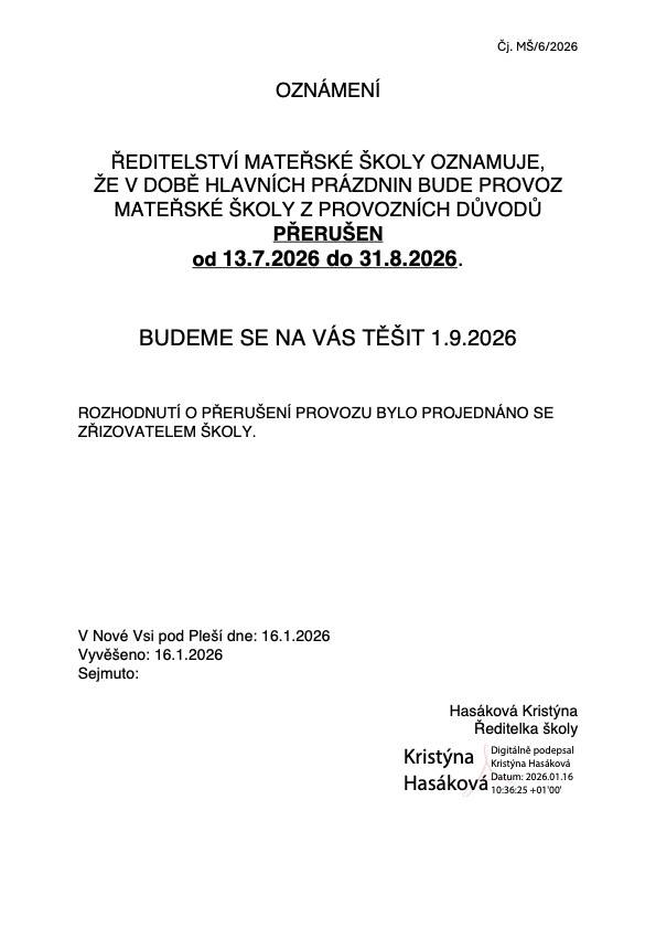 Přerušení provozu o hlavních prázdninách