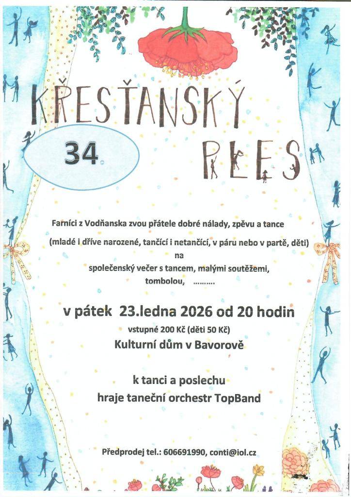 Pozvánka na Křesťanský ples, který se uskuteční v KD Bavorov v pátek 23.ledna 2026 od 20 hodin.