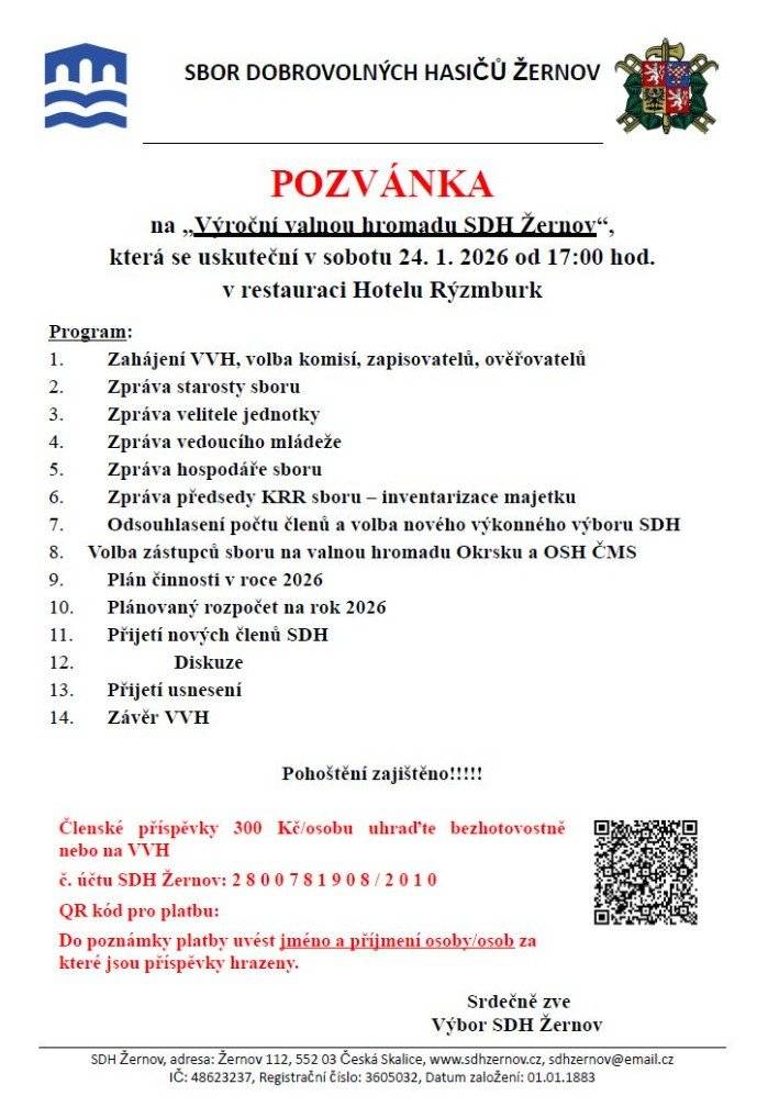 Zdravím, Sbor dobrovolných hasičů v Žernově zve na valnou hromadu, která se uskuteční v sobotu 24. ledna v hotelu Rýzmburk. Všechny podrobnosti a program najdete v pozvánce na našem Facebooku zde: https://1url.cz/0Jxvl    SDH Žernov