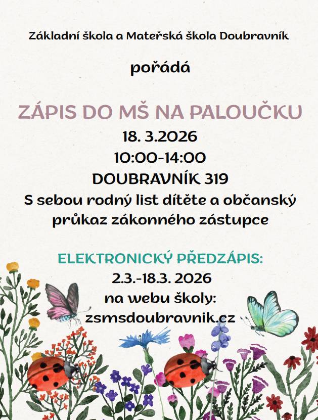 ZŠ a MŠ Doubravník pořádá zápis do MŠ 18. března od 10 do 14 hodin.