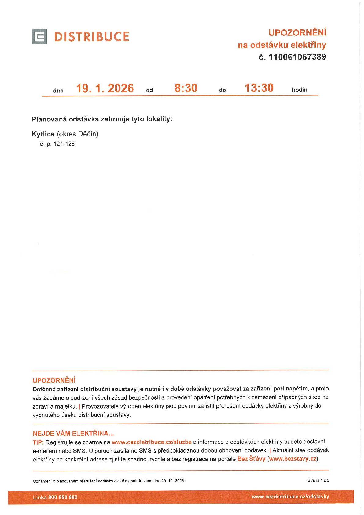 Plánovaná odstávka elektřiny.