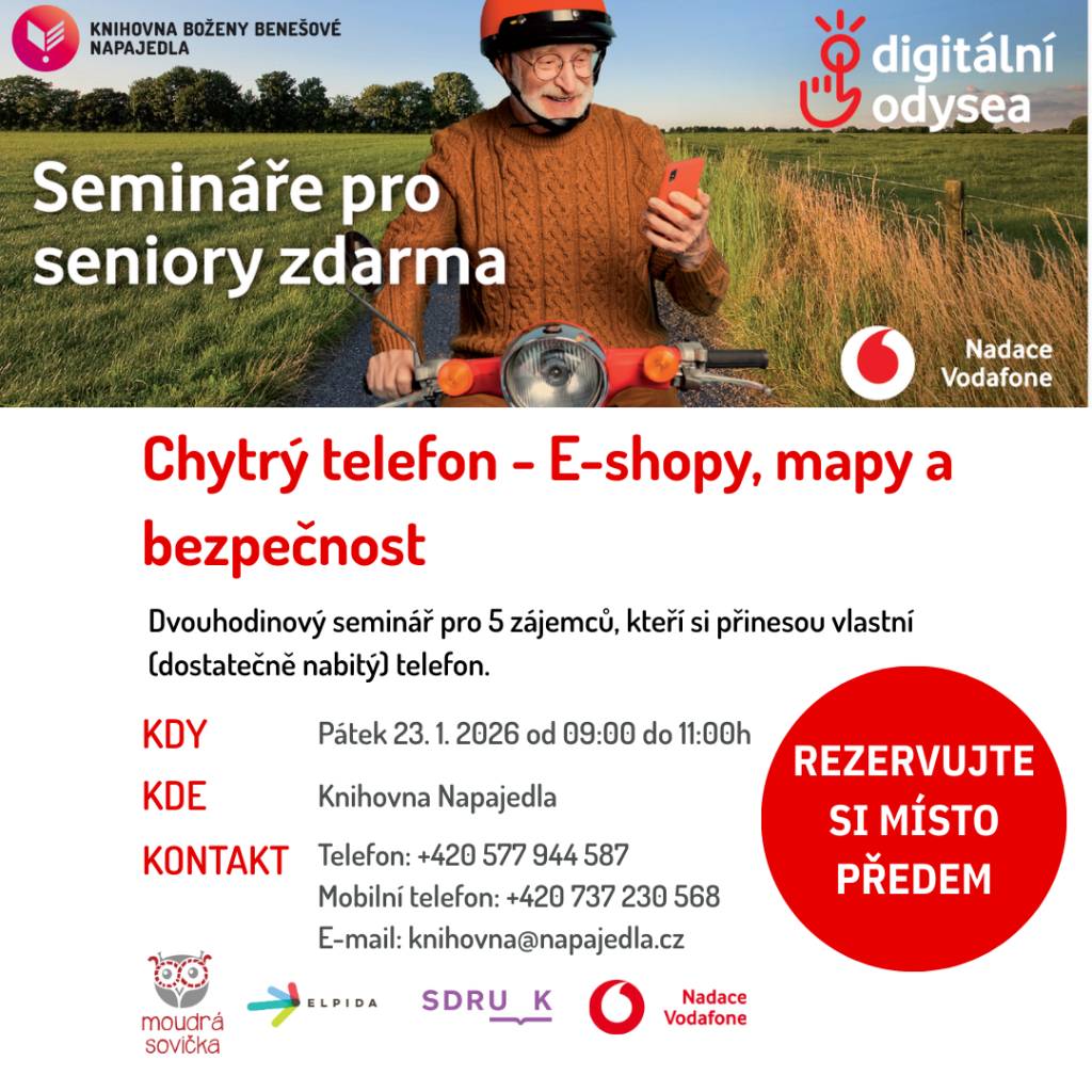 Knihovna zve všechny seniory 65+ na sérii seminářů ZDARMA, kde si osvojíte, jak chytrý telefon využívat snadno a bez stresu. Jedná se o dvouhodinový seminář pro 5 zájemců, kteří si přinesou vlastní (dostatečně nabitý) telefon.