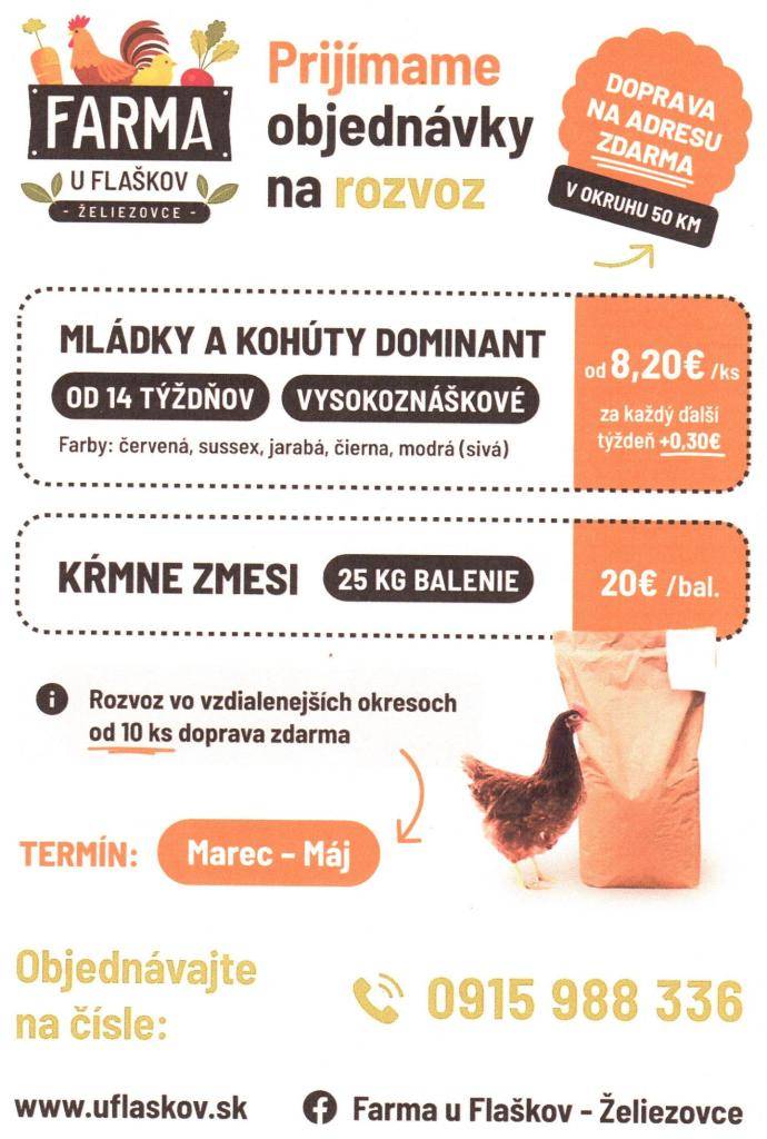 Farma u Flaškov Želiezovce  prijíma objednávky na rozvoz. Bližšie info na plagáte