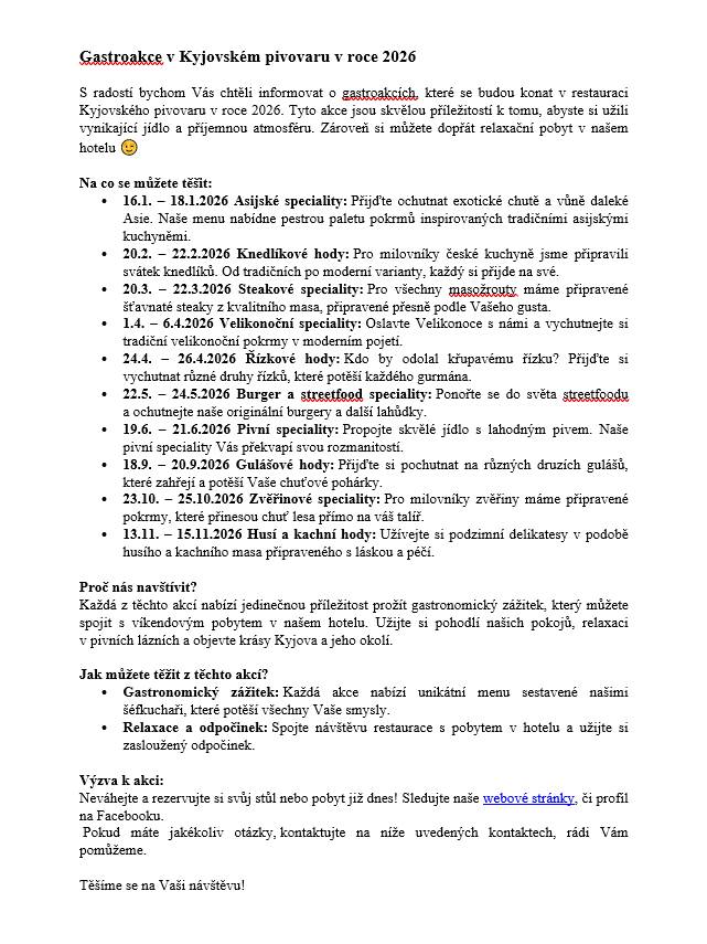 GASTROAKCE V KYJOVSKÉM PIVOVARU V KYJOVĚ V ROCE 2026