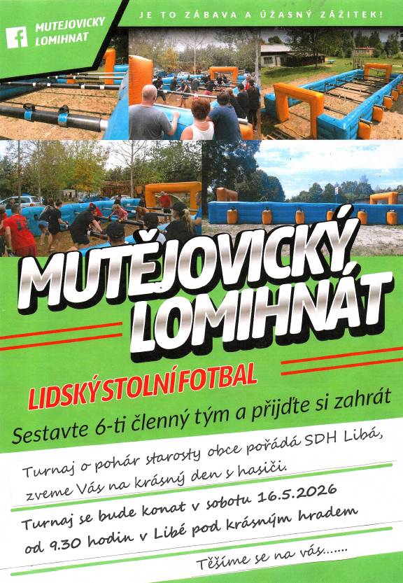 Zveme Vás na Mutějovický lomihnát, který se odehraje 16.5.2026 od 9,30h ve velkokapacitním stanu pod zámkem Libá.