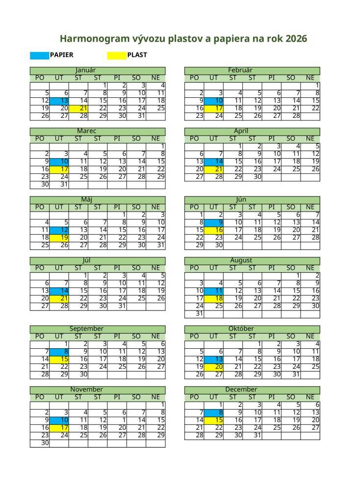 Harmonogram vývozu plastov a papiera na rok 2026
