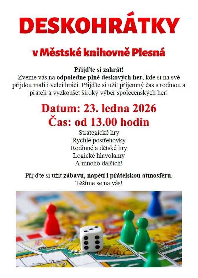 Přijďte si zahrát!  Zveme vás na odpoledne plné deskových her, kde si na své přijdou malí i velcí hráči. Přijďte si užít příjemný čas s rodinou a přáteli a vyzkoušet široký výběr společenských her!