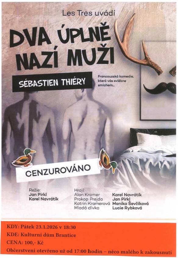 🕔 Už od 17.00 hodin bude otevřeno občerstvení – přijďte dříve, dát si něco malého k zakousnutí a vybrat si z nabídky alko i nealko nápojů. 🍷🥤   👉 Možnost rezervace míst k sezení pro větší jistotu a pohodlí diváků – rezervace je nezávazná a platba proběhne až v den představení. Vstupenky bude možné zakoupit i na místě.   📩 Rezervace OÚ Brantice:  ☎️ 554 646 032 nebo 604 826 428 📧 podatelna@brantice.cz   Těšíme se na vás! 🎭😊
