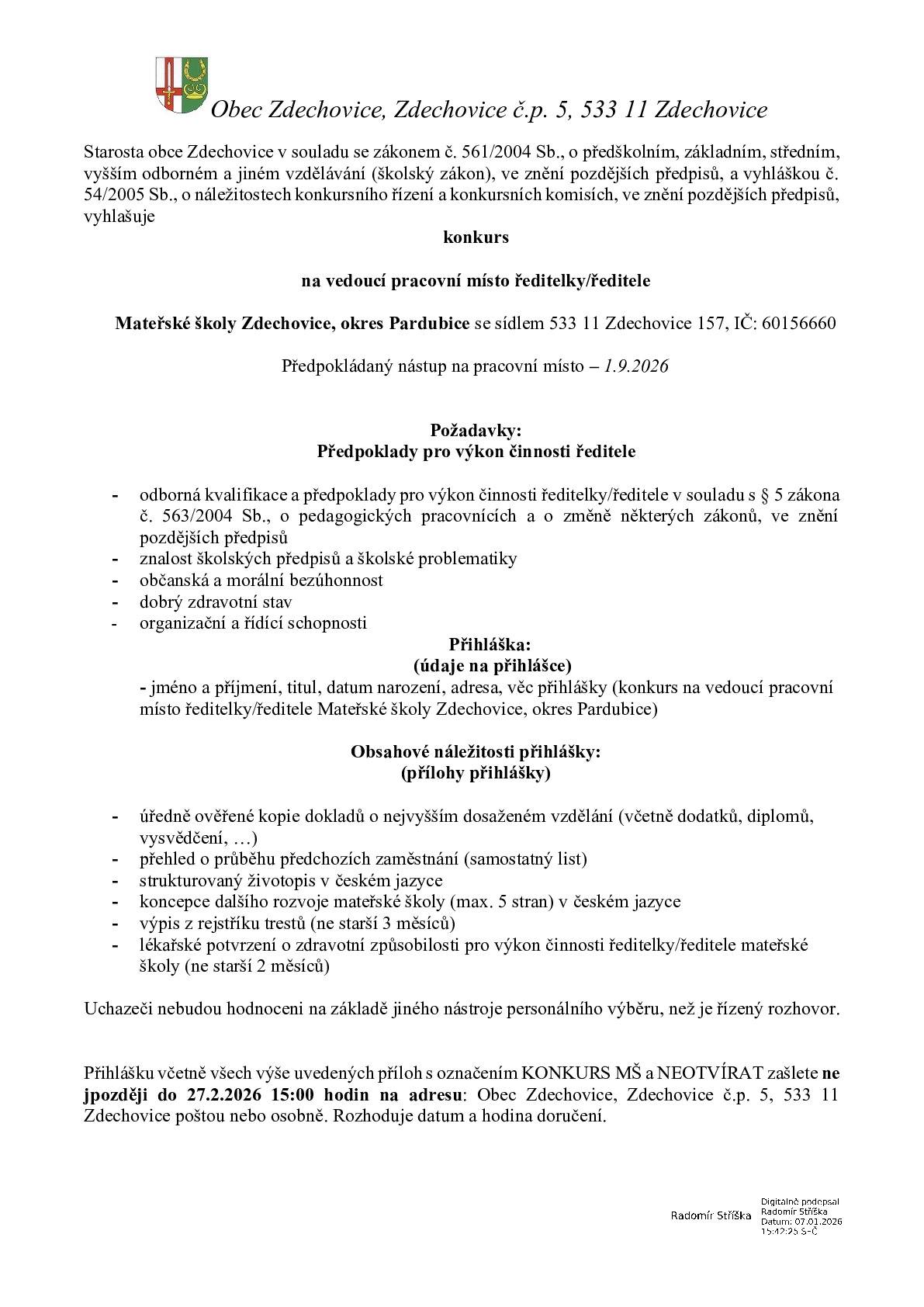 Konkurz na ředitele/ředitelku Mateřské školky Zdechovice