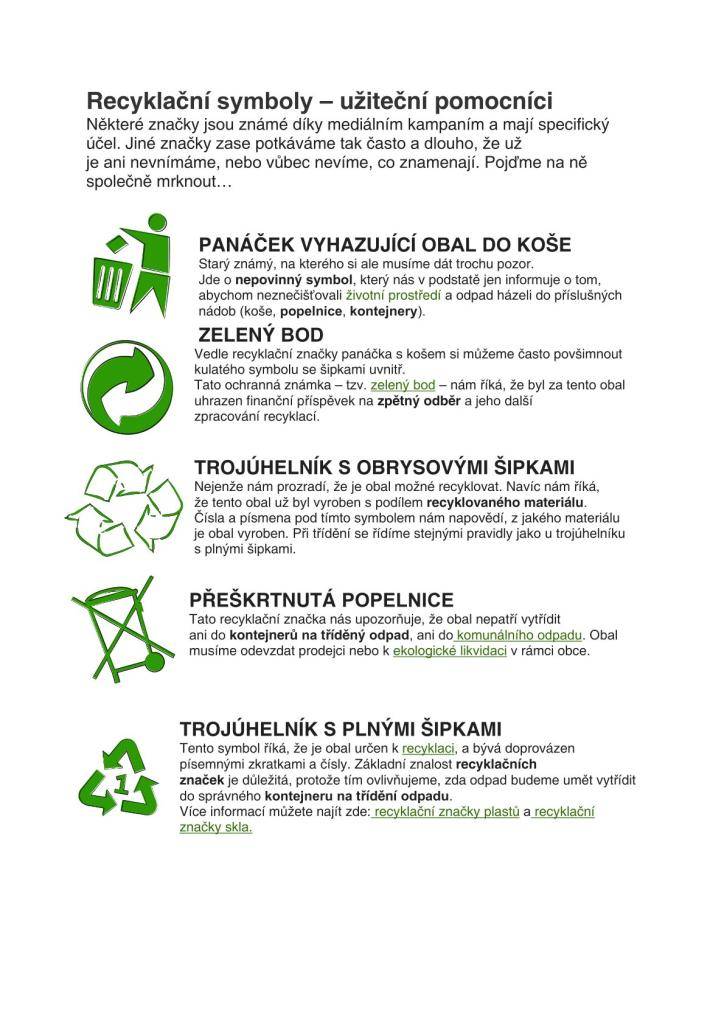 Sledujte recyklační symboly na obalech. pomohou vám s tříděním odpadů.