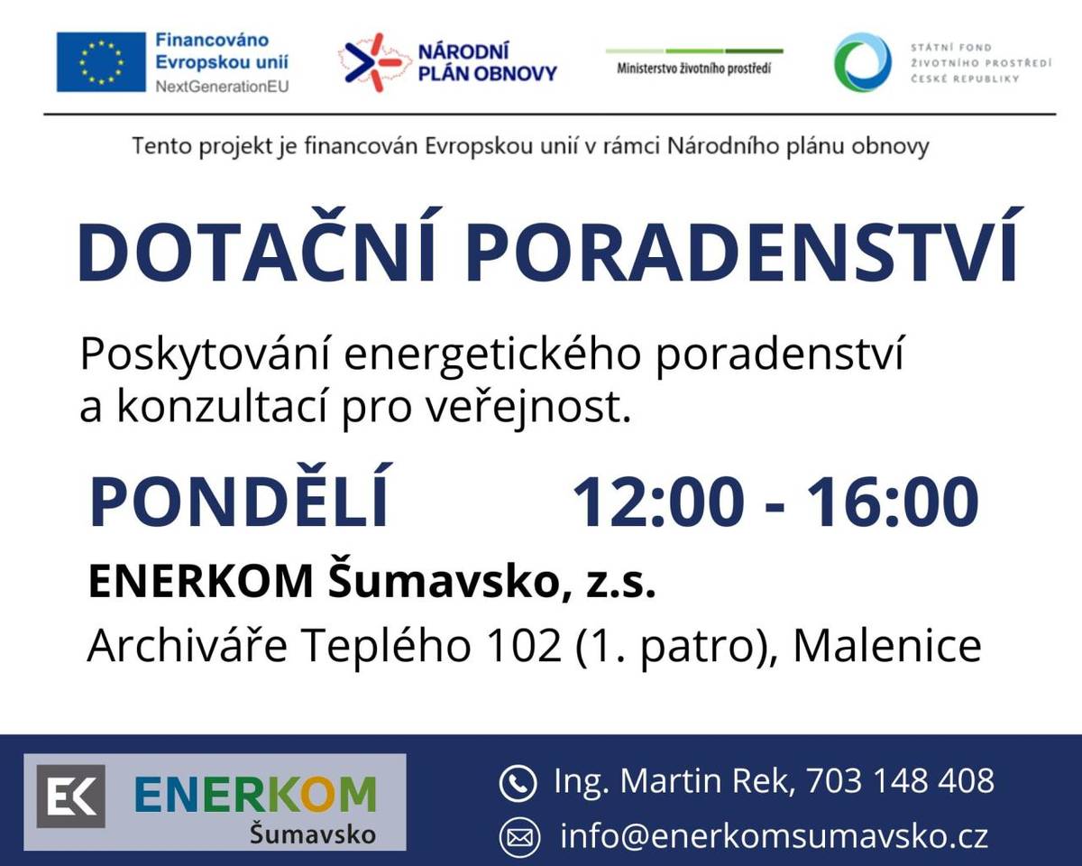Každé pondělí od 12:00 do 16:00 se koná energetické poradenství pro veřejnost zdarma. Akce se uskutečňuje v prostorách Enerkom Šumavsko, z.s. na adrese Archiváře Teplého 102.