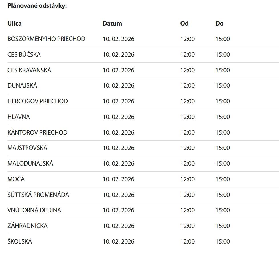 Prerušenie distribúcie elektriny - oboznámenie verejnosti, dňa 10.02.2026 bez dodávky elektriny nasledovné ulice: v čase od 12:00:00 hod. do 15:00:00 hod.  Áramszolgáltatás szüneteltetése – közlemény a nyilvánosság számára,2026.02.10-én a következő utcákban nem lesz áramellátás: 12:00:00 és 15:00:00