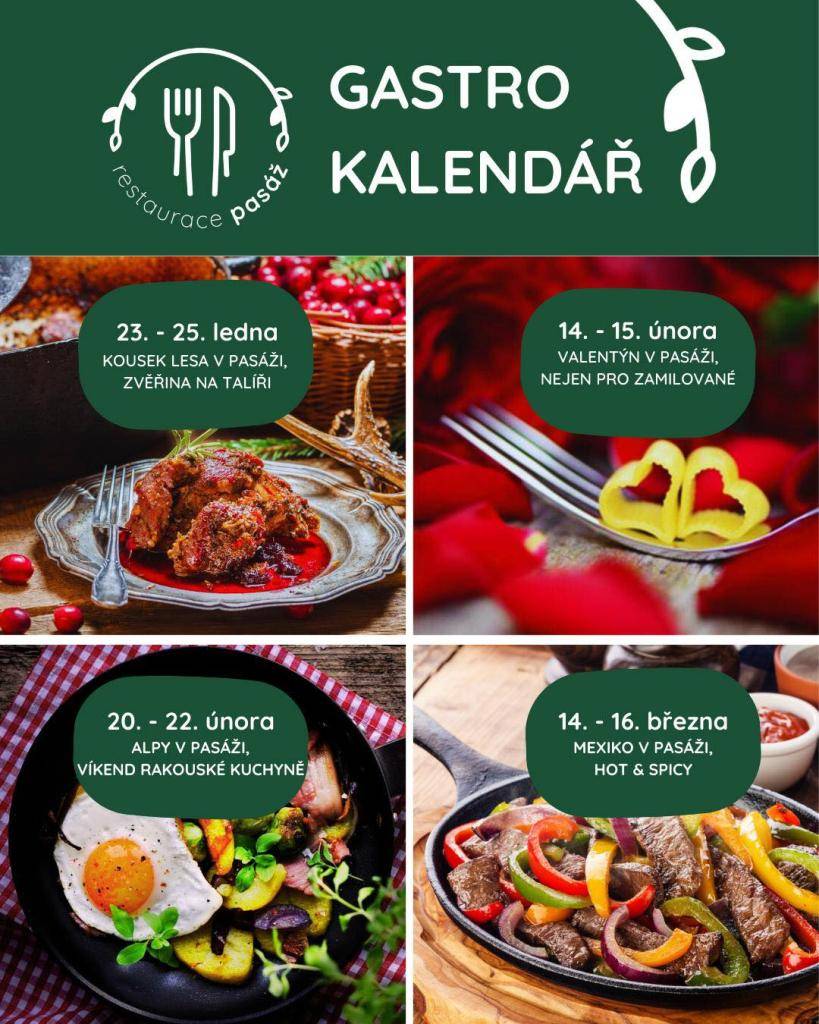 Valentýn v pasáži se koná ve dnech 14. a 15. února. Tato akce je určena nejen pro zamilované, ale pro všechny, kdo chtějí zažít romantickou atmosféru a vychutnat si lahodné pokrmy. Přijďte si užít společné chvíle s vašimi blízkými.