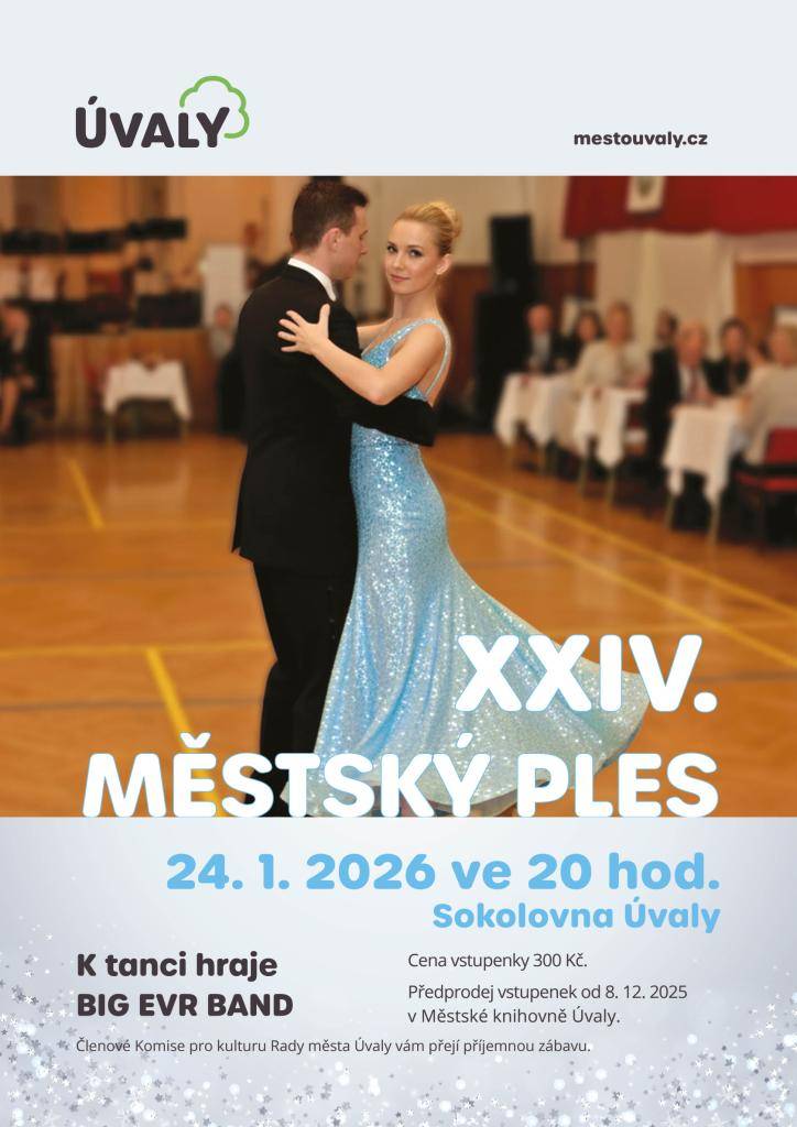 Město Úvaly zve na ples, který se koná 24. 1. 2026 ve 20 hod. v Sokolovně Úvaly.