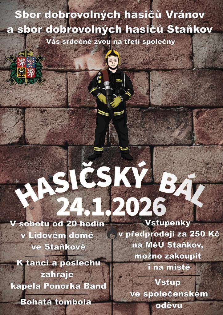 Třetí hasičský bál se již řadí mezi tradiční akce plesové sezony. Předprodej lístků od 5. 1. na městském úřadě ve Staňkově