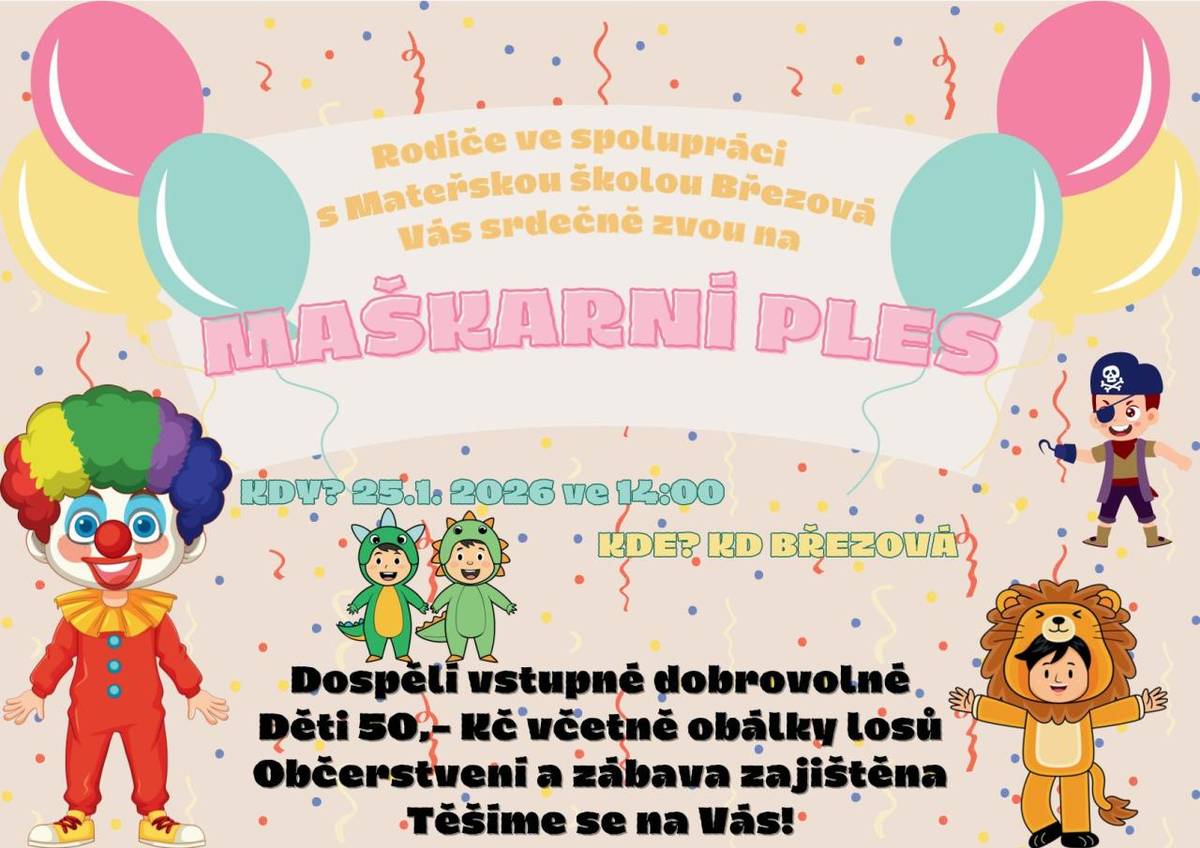 Pozvánka na tradiční maškarní ples pořádaný Mateřskou školou Březová