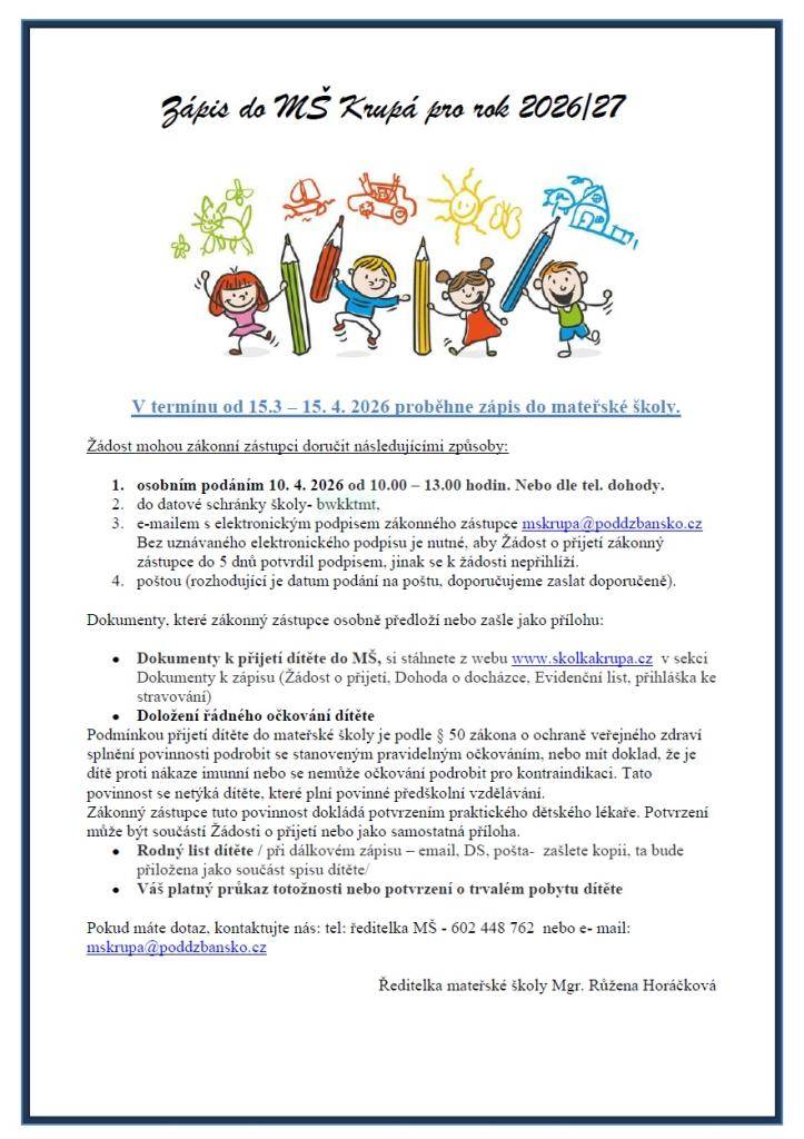 Zápis do MŠ Krupá proběhne 15.3.-15.4.2026
