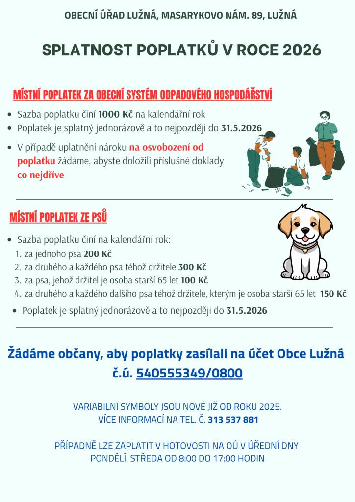 Splatnost poplatků za odpadové hospodářství a poplatek za psa na rok 2026