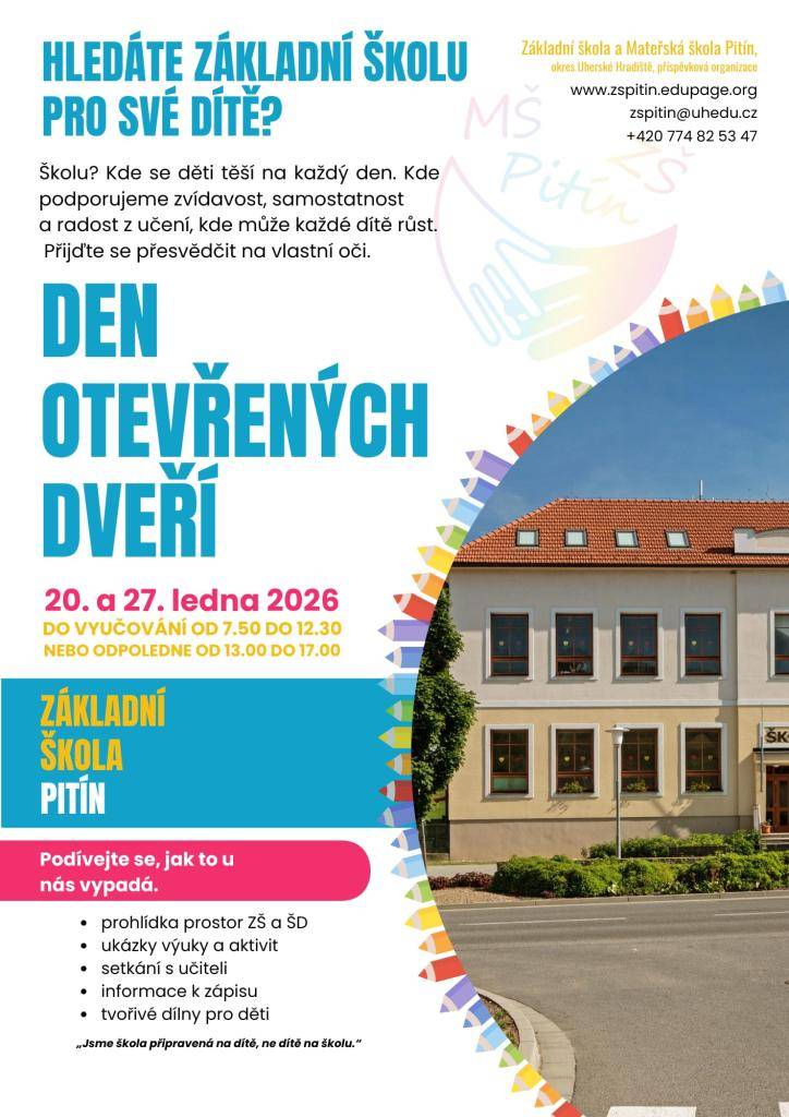 Den otevřených dveří se uskuteční 20.1. a 27.1. v průběhu dne od 7.50 do 17.00.