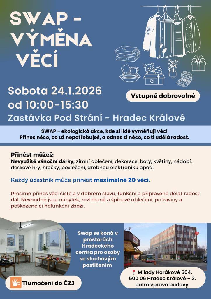 Leží vám doma věci, které nevyužijete?  Dejte jim druhou šanci– přineste je na SWAP a odneste si něco, co vás potěší.  Vyměňuj, nevyhazuj.