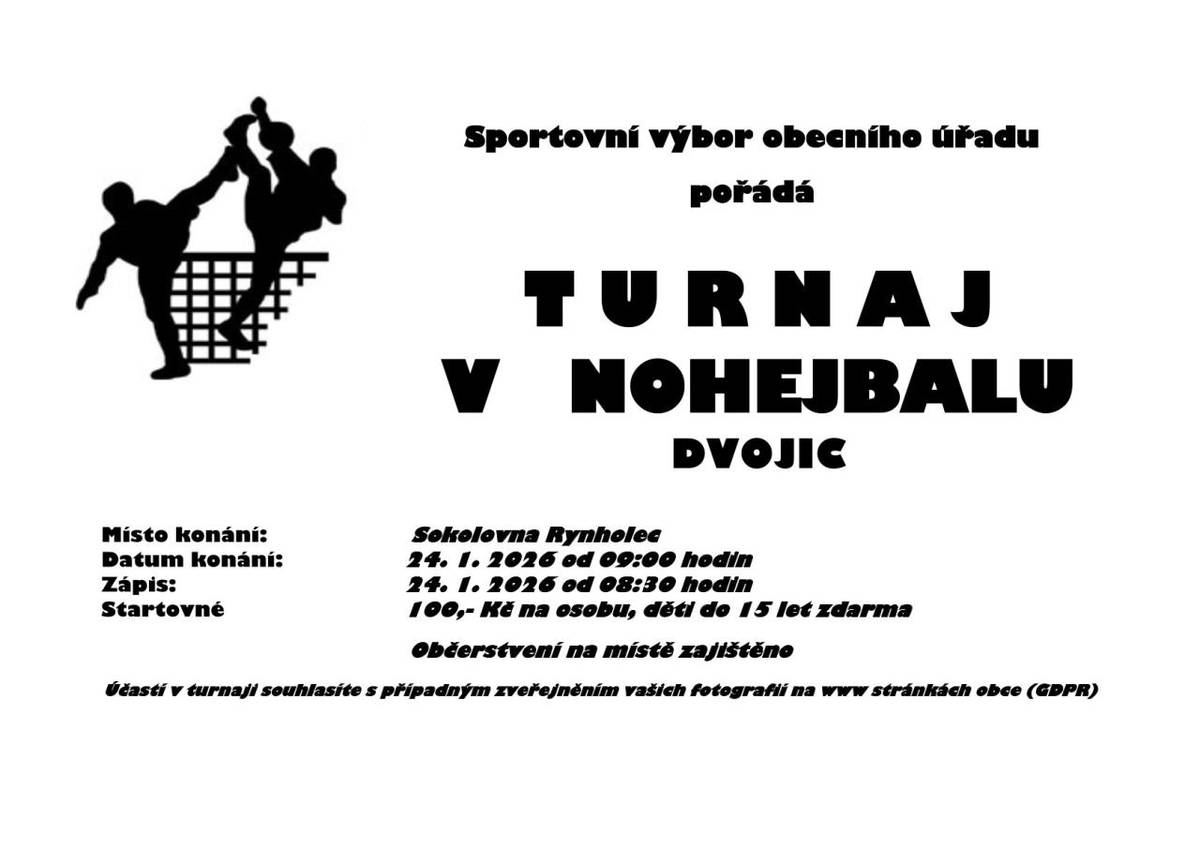 Sportovní výbor OÚ Rynholec pořádá turnaj v nohejbalu dvojic. Všichni jste srdečně zváni.